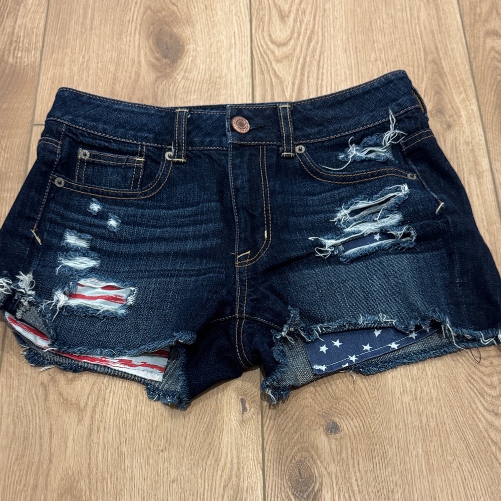 American Eagle Dark Blue Distressed Jean Shorts